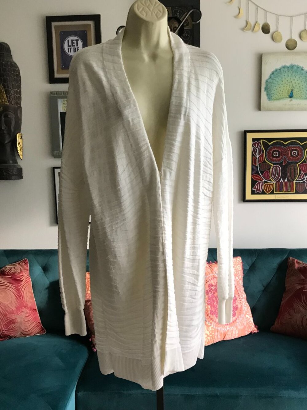CHICO'S size 2 / L Ivory Textured Knit Long Duster Cardigan Sweater